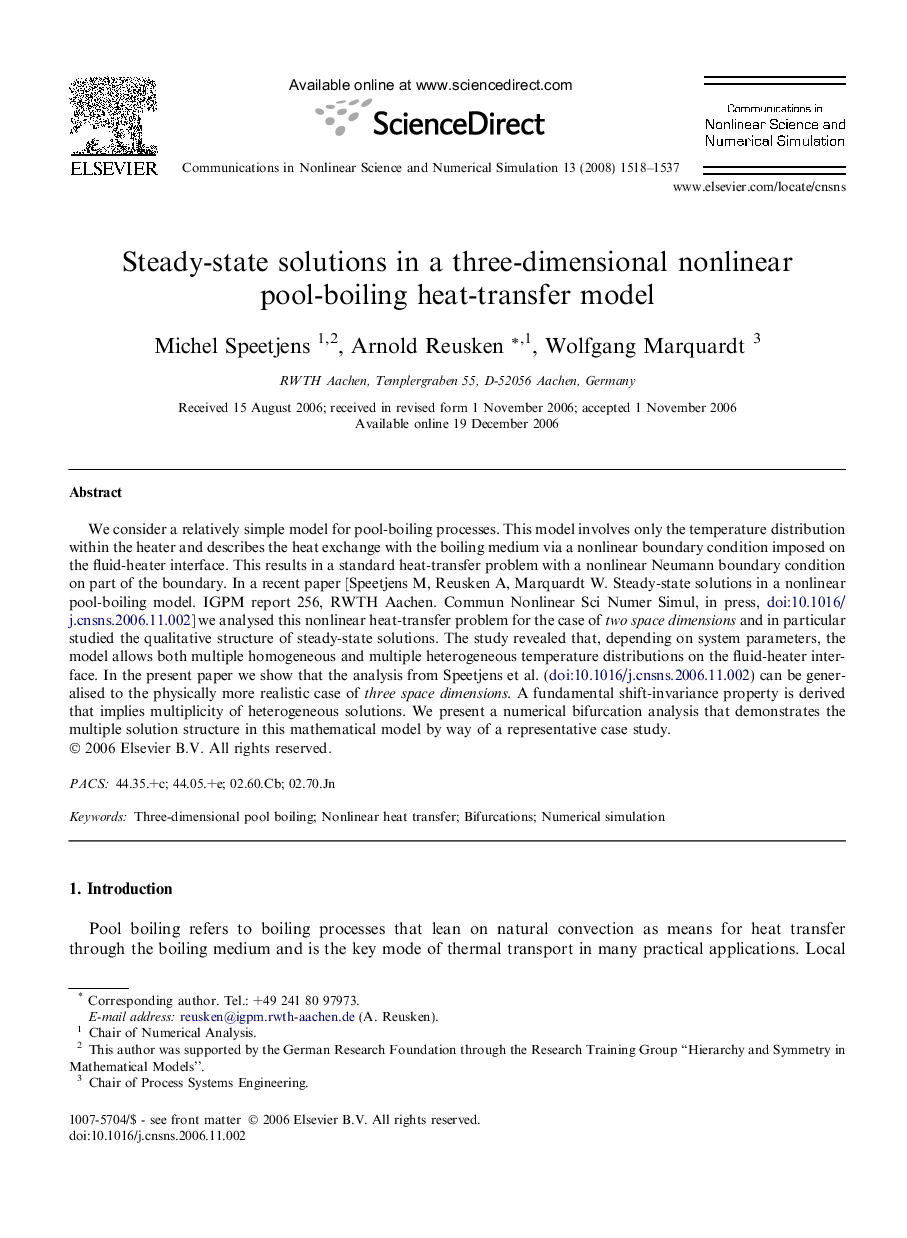 Steady-state solutions in a three-dimensional nonlinear pool-boiling heat-transfer model