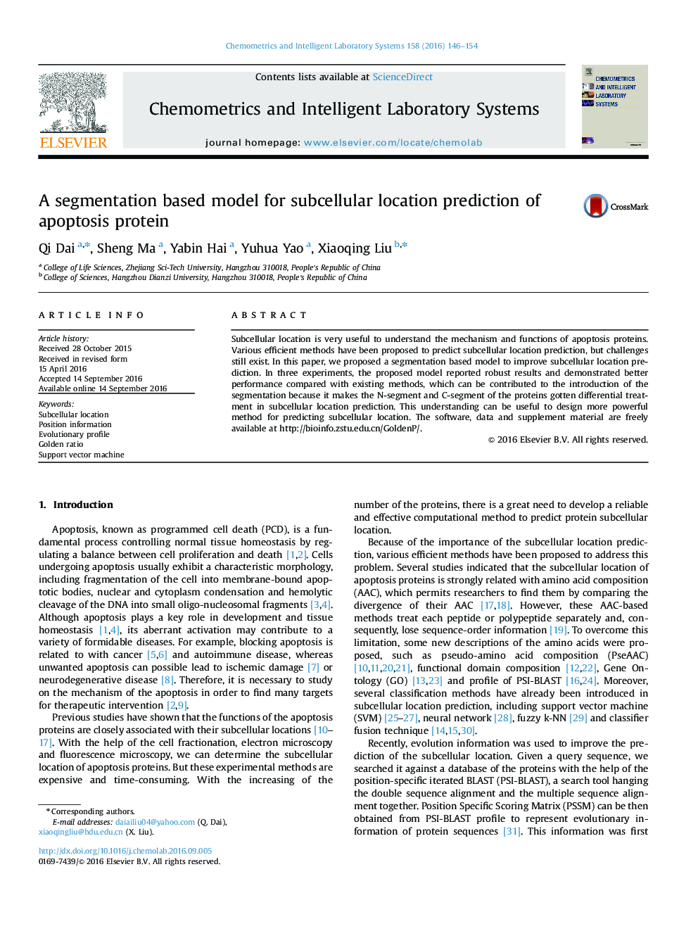 A segmentation based model for subcellular location prediction of apoptosis protein