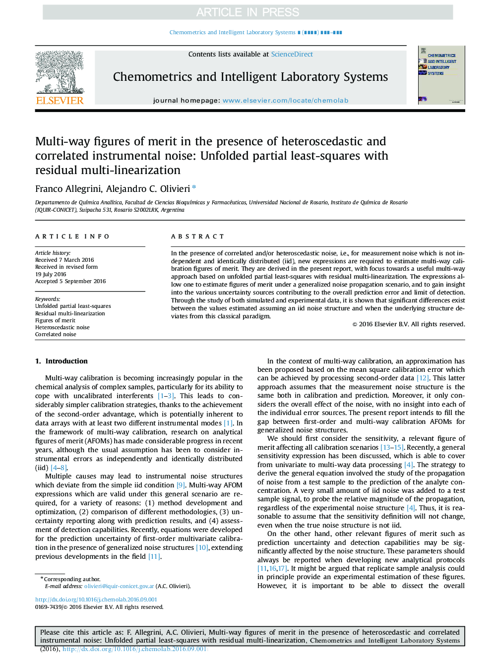 Multi-way figures of merit in the presence of heteroscedastic and correlated instrumental noise: Unfolded partial least-squares with residual multi-linearization