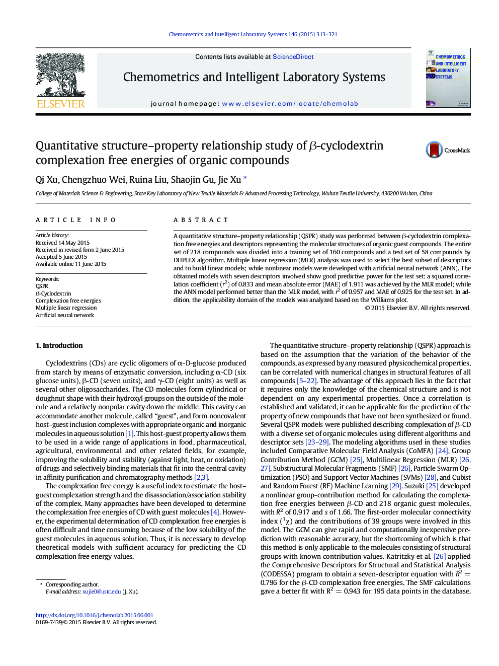 Quantitative structure-property relationship study of Î²-cyclodextrin complexation free energies of organic compounds