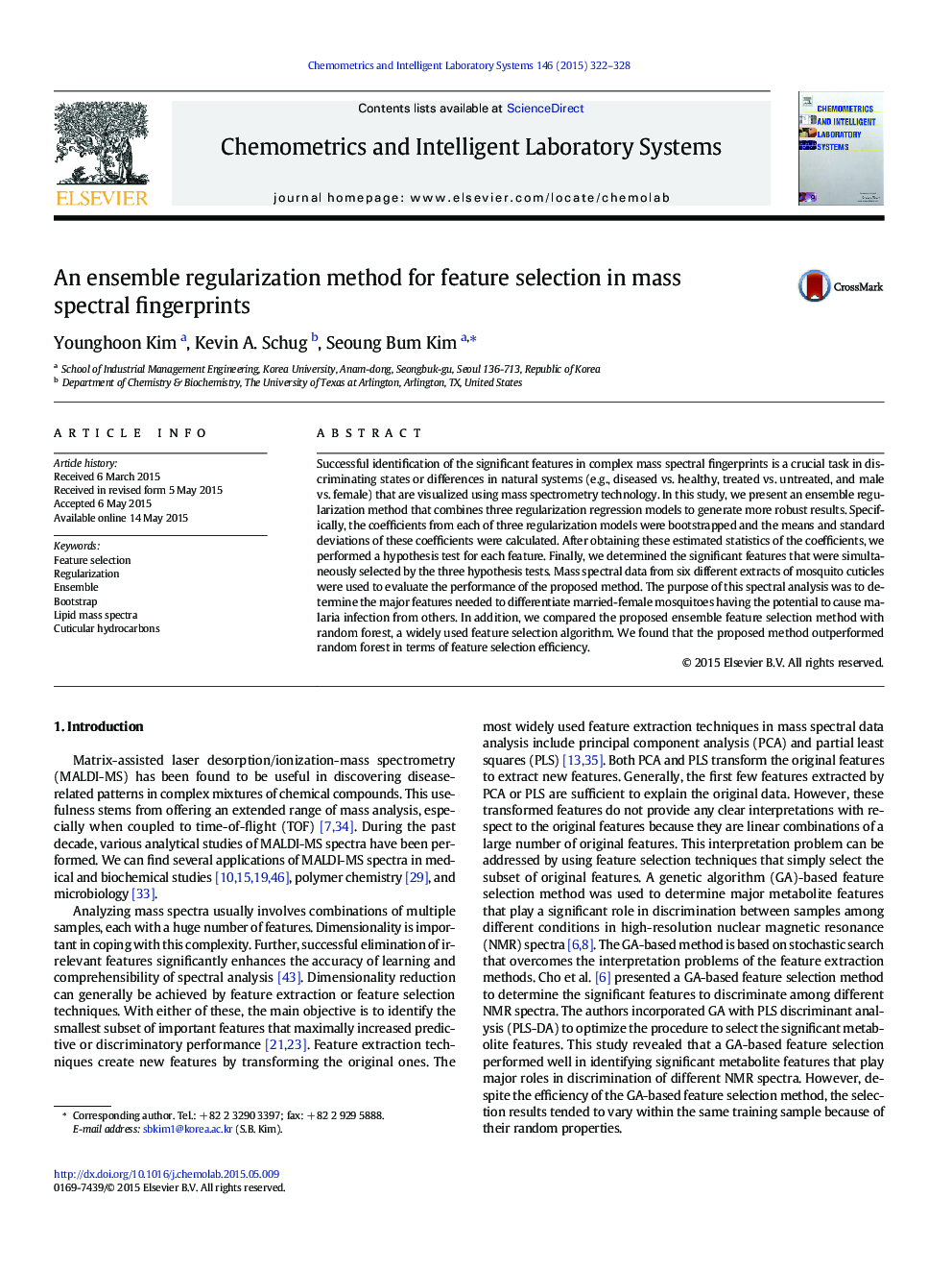 An ensemble regularization method for feature selection in mass spectral fingerprints