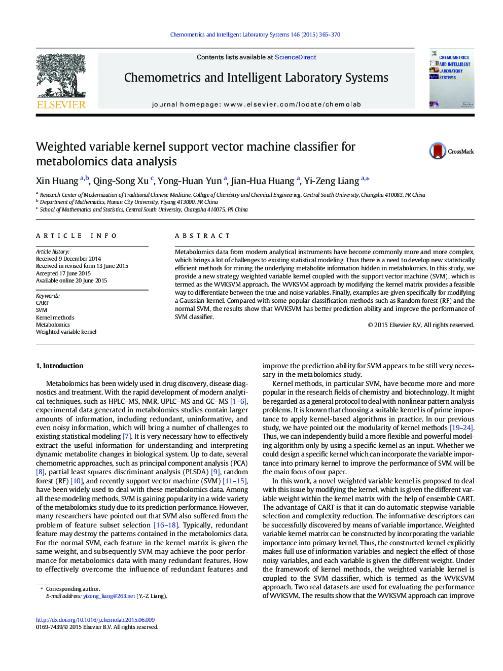 Weighted variable kernel support vector machine classifier for metabolomics data analysis