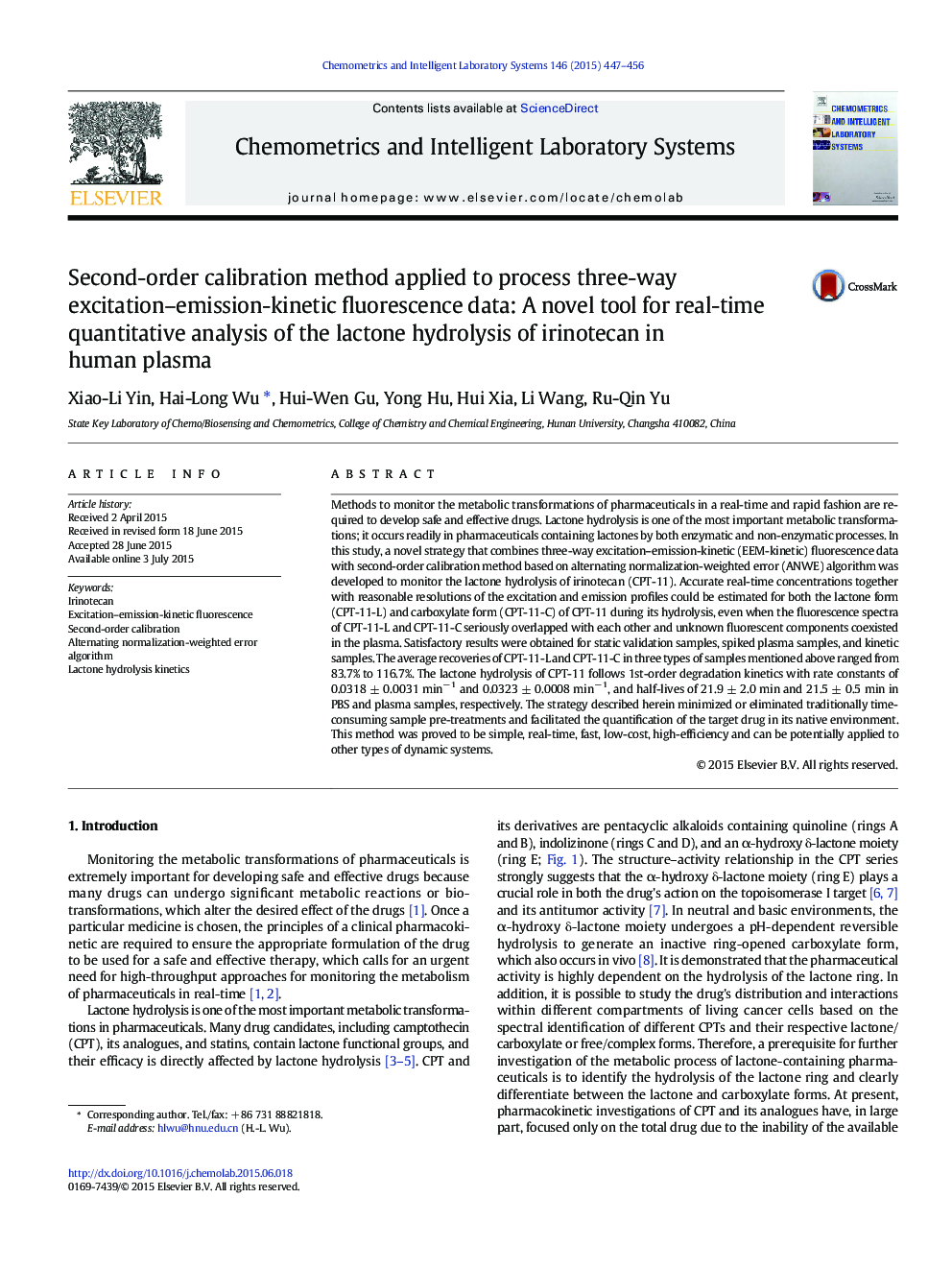 Second-order calibration method applied to process three-way excitation-emission-kinetic fluorescence data: A novel tool for real-time quantitative analysis of the lactone hydrolysis of irinotecan in human plasma