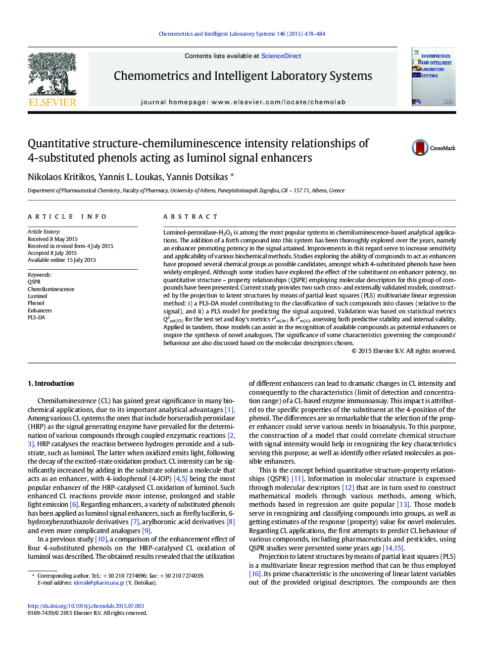 Quantitative structure-chemiluminescence intensity relationships of 4-substituted phenols acting as luminol signal enhancers