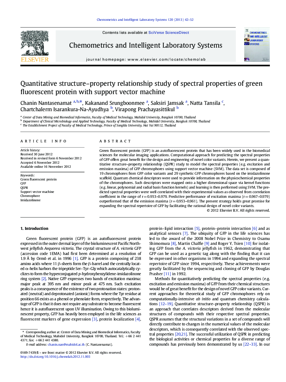 Quantitative structure-property relationship study of spectral properties of green fluorescent protein with support vector machine