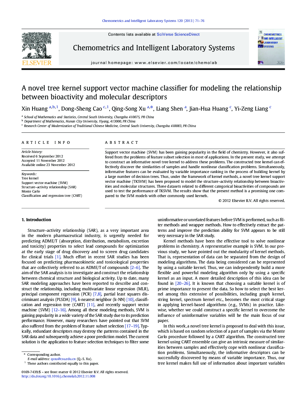 A novel tree kernel support vector machine classifier for modeling the relationship between bioactivity and molecular descriptors