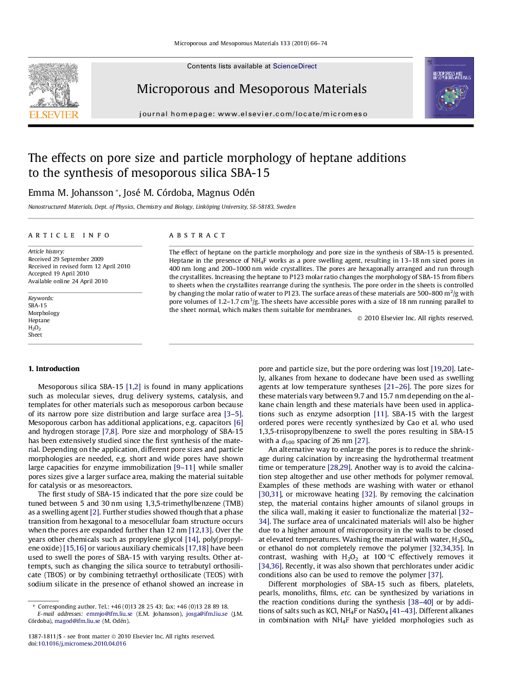 The effects on pore size and particle morphology of heptane additions to the synthesis of mesoporous silica SBA-15