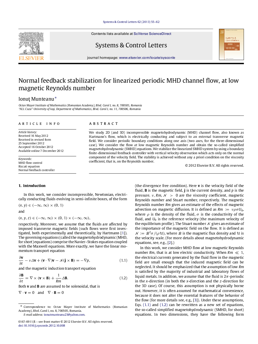 Normal feedback stabilization for linearized periodic MHD channel flow, at low magnetic Reynolds number