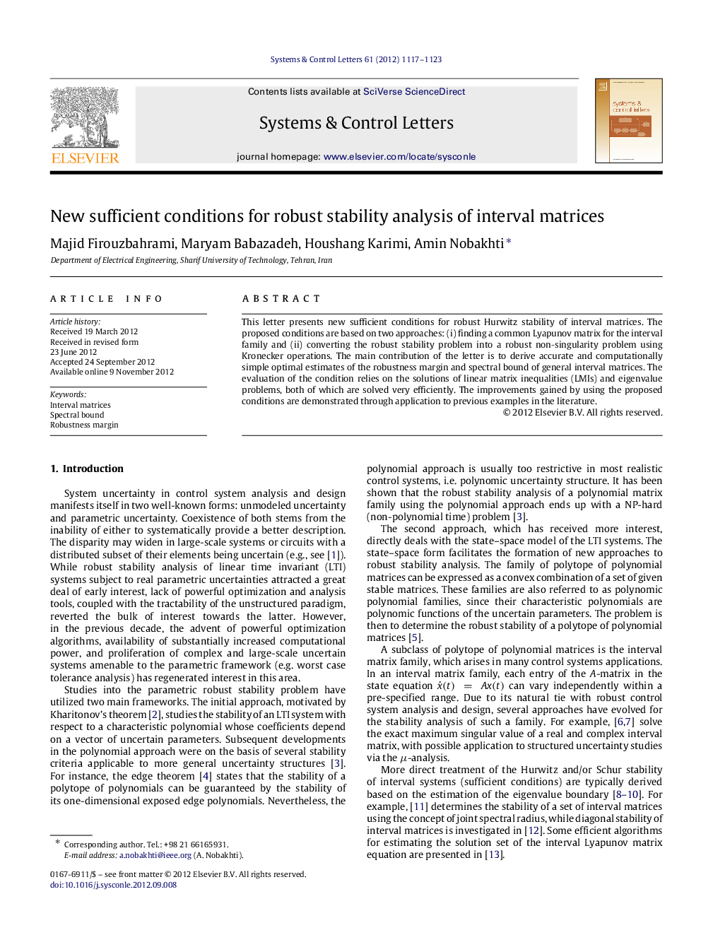 New sufficient conditions for robust stability analysis of interval matrices