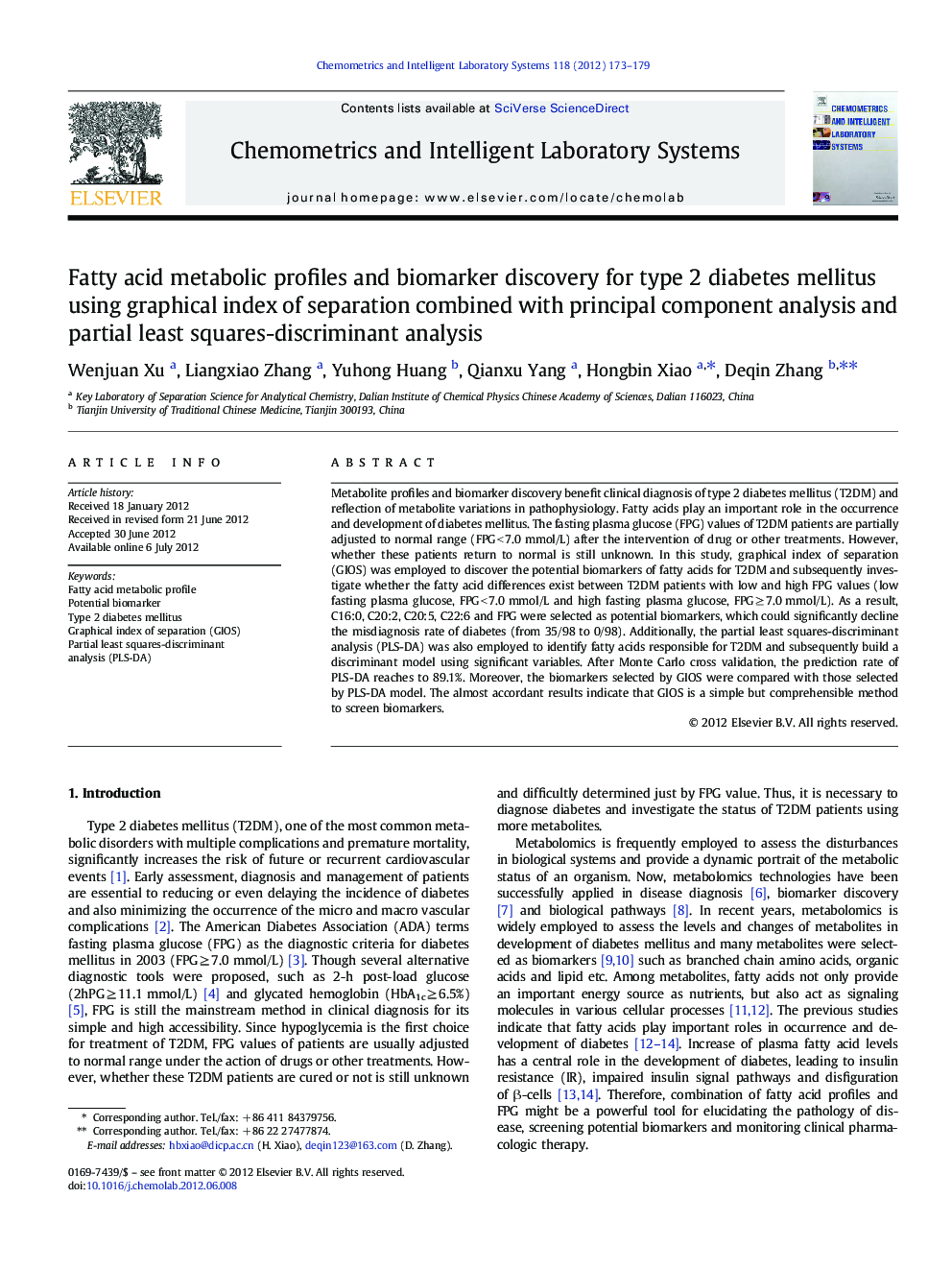 Fatty acid metabolic profiles and biomarker discovery for type 2 diabetes mellitus using graphical index of separation combined with principal component analysis and partial least squares-discriminant analysis