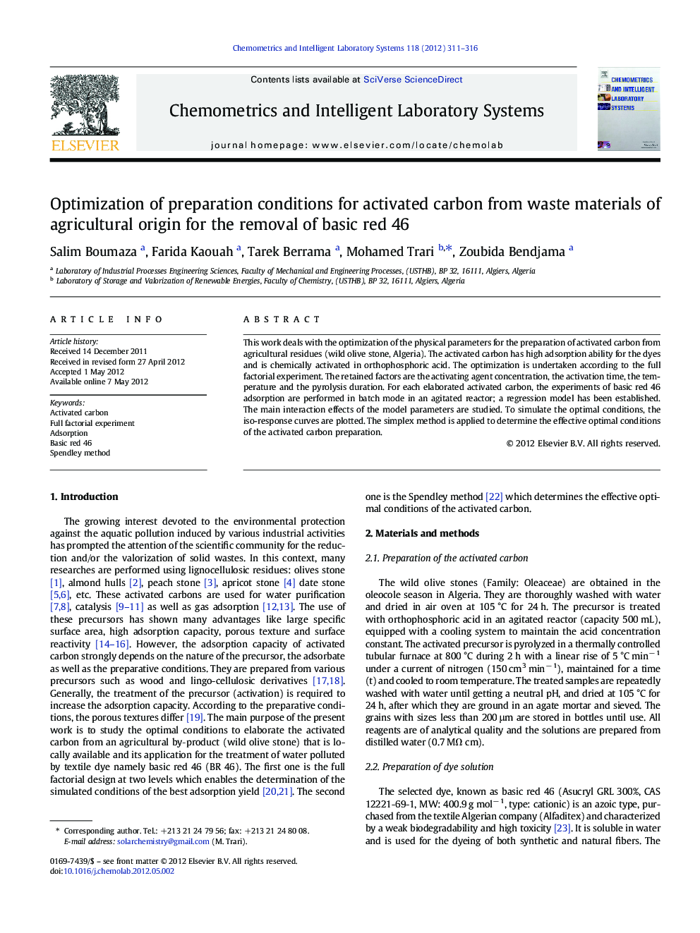 Optimization of preparation conditions for activated carbon from waste materials of agricultural origin for the removal of basic red 46