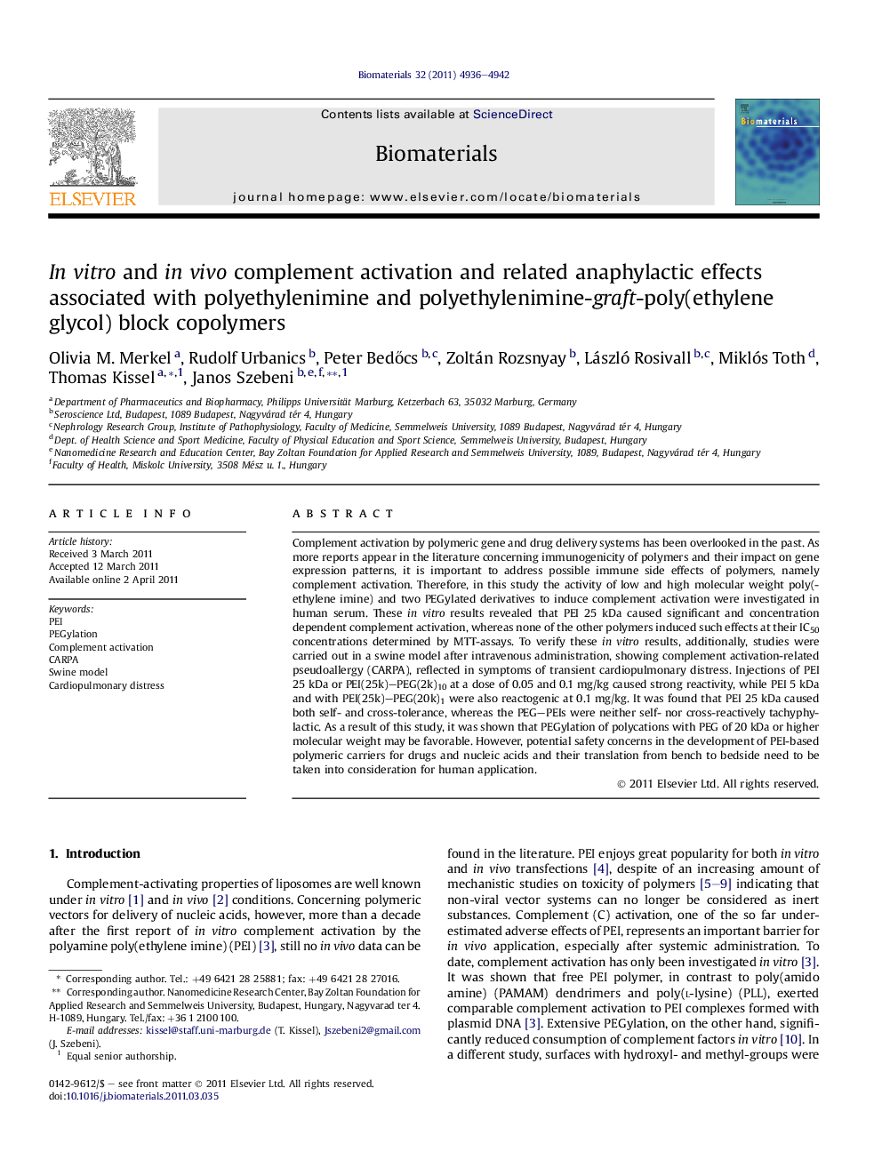 In vitro and in vivo complement activation and related anaphylactic effects associated with polyethylenimine and polyethylenimine-graft-poly(ethylene glycol) block copolymers