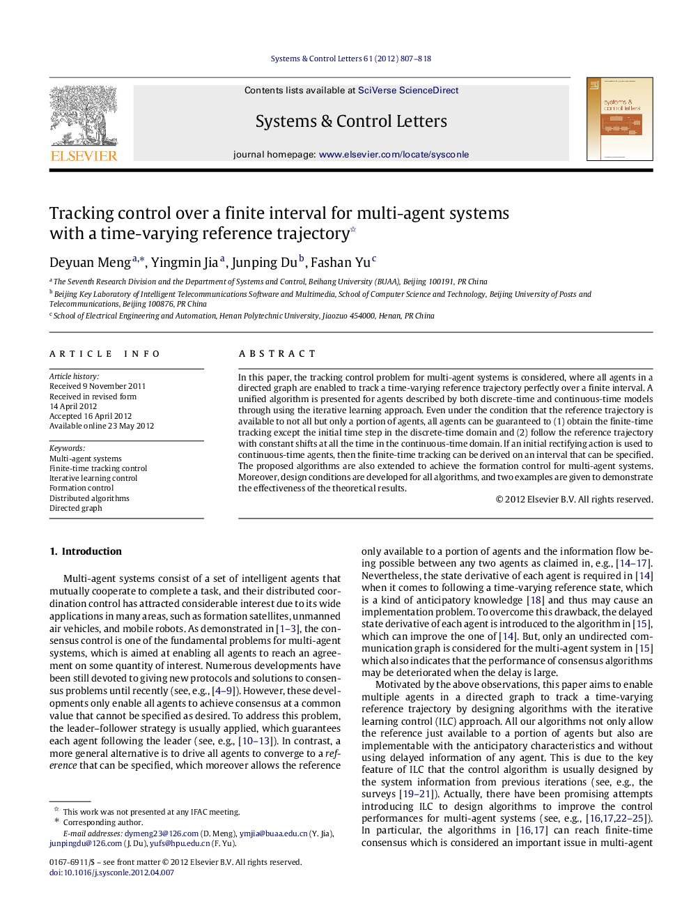 Tracking control over a finite interval for multi-agent systems with a time-varying reference trajectory 