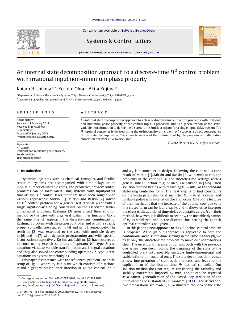 An internal state decomposition approach to a discrete-time H2H2 control problem with irrational input non-minimum phase property