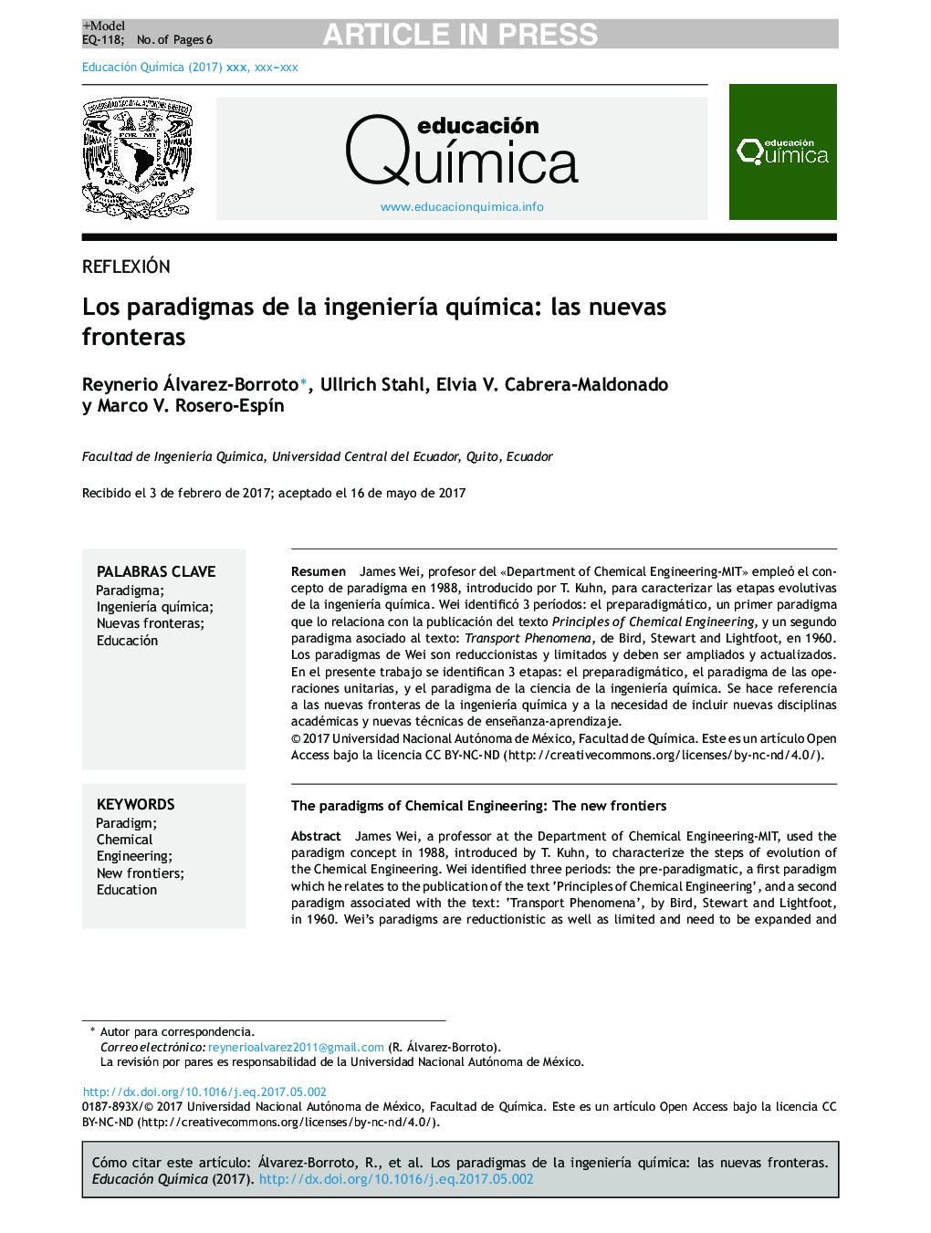 Los paradigmas de la ingenierÃ­a quÃ­mica: las nuevas fronteras