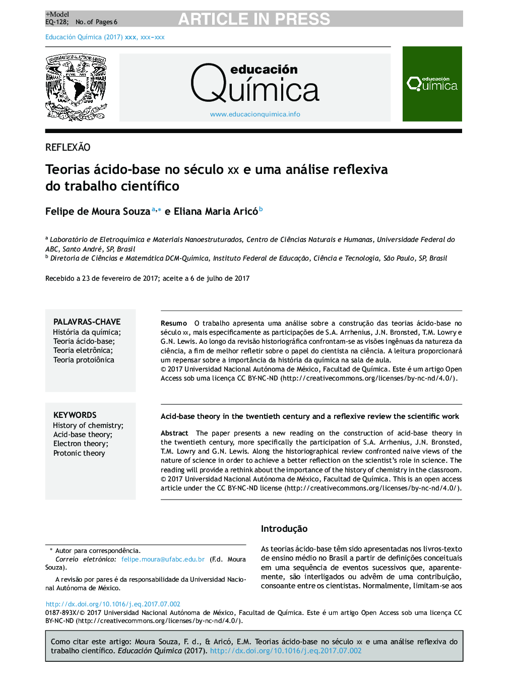 Teorias ácidoâbase no século XX e uma análise reflexiva do trabalho cientÃ­fico