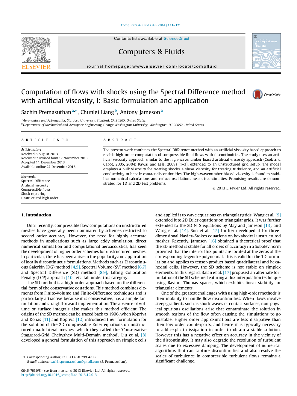 Computation of flows with shocks using the Spectral Difference method with artificial viscosity, I: Basic formulation and application