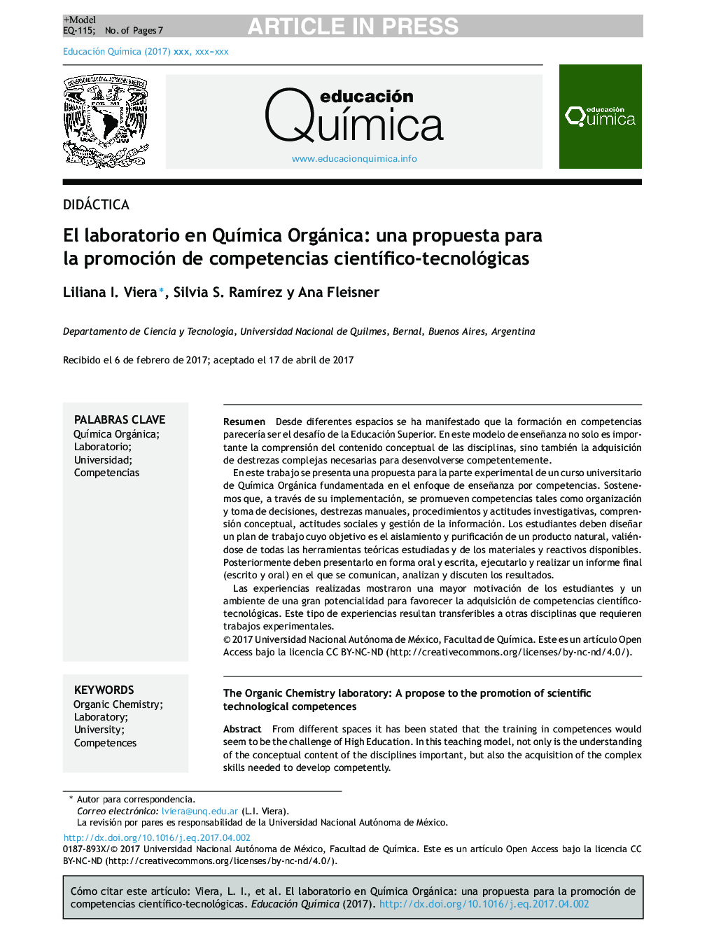 El laboratorio en QuÃ­mica Orgánica: una propuesta para la promoción de competencias cientÃ­fico-tecnológicas