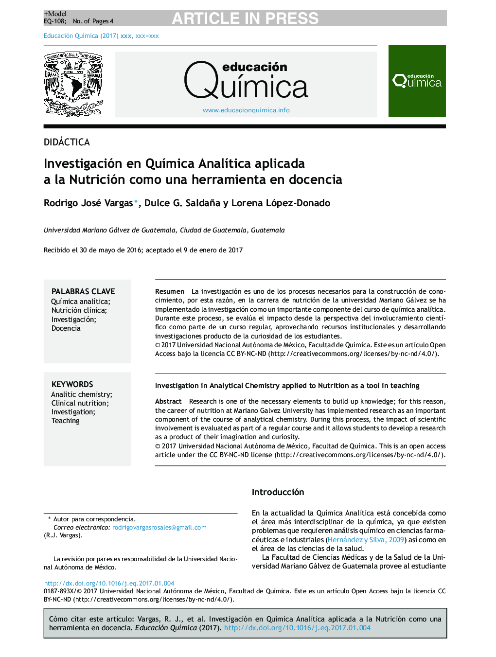 Investigación en QuÃ­mica AnalÃ­tica aplicada a la Nutrición como una herramienta en docencia