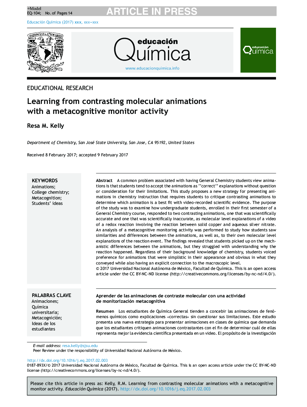 Learning from contrasting molecular animations with a metacognitive monitor activity