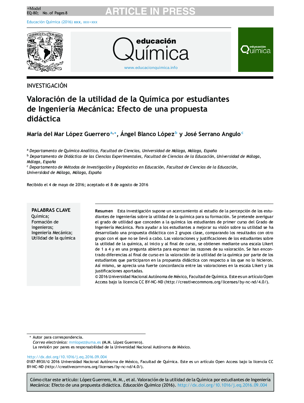 Valoración de la utilidad de la QuÃ­mica por estudiantes de IngenierÃ­a Mecánica: Efecto de una propuesta didáctica