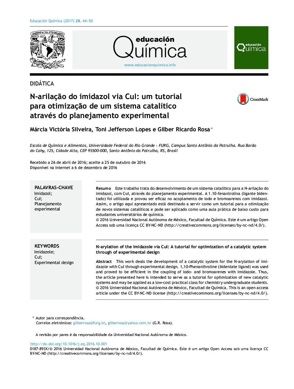 NâarilaçÃ£o do imidazol via CuI: um tutorial para otimizaçÃ£o de um sistema catalÃ­tico através do planejamento experimental