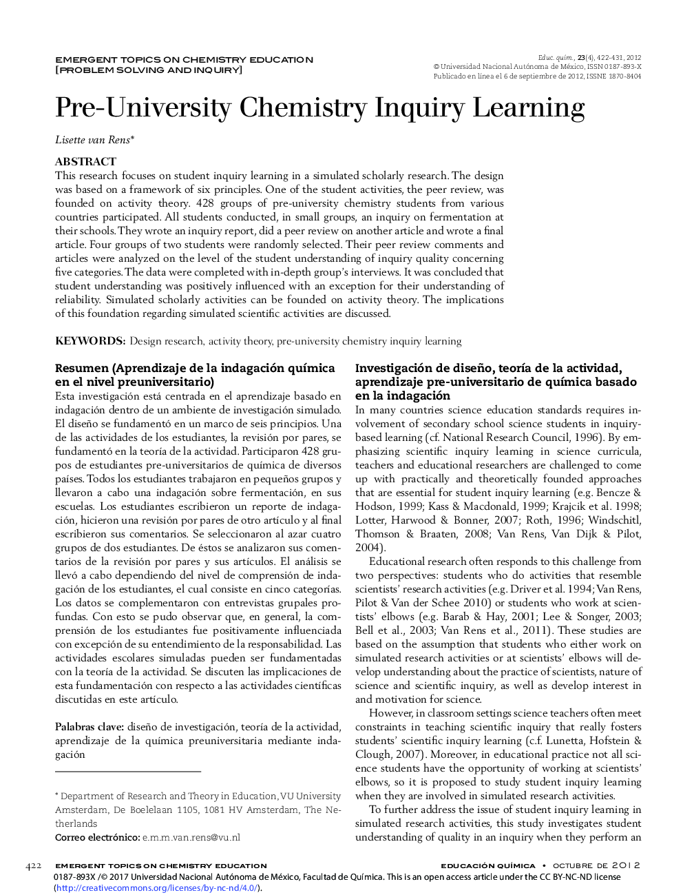Pre-University Chemistry Inquiry Learning