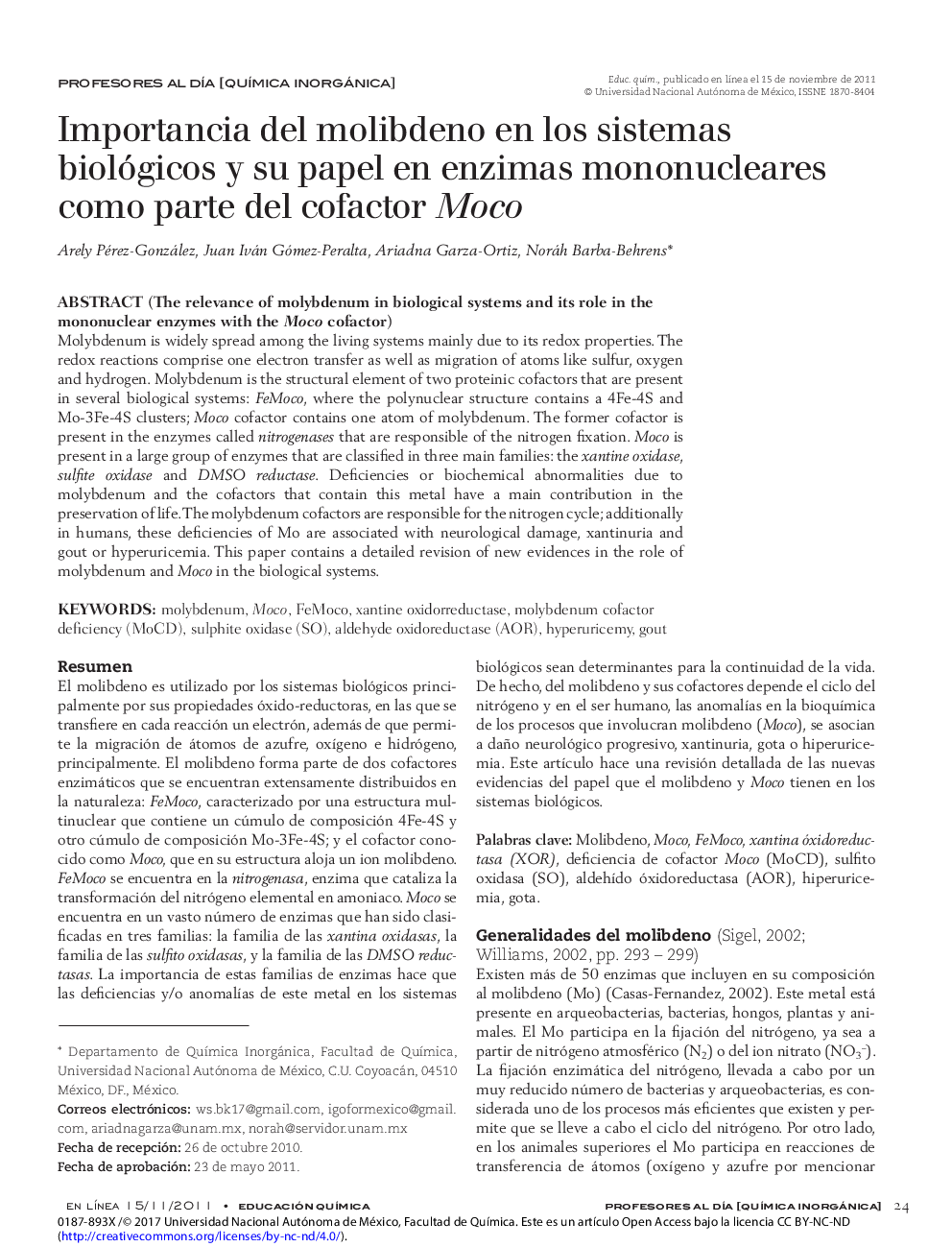 Importancia del molibdeno en los sistemas biológicos y su papel en enzimas mononucleares como parte del cofactor Moco