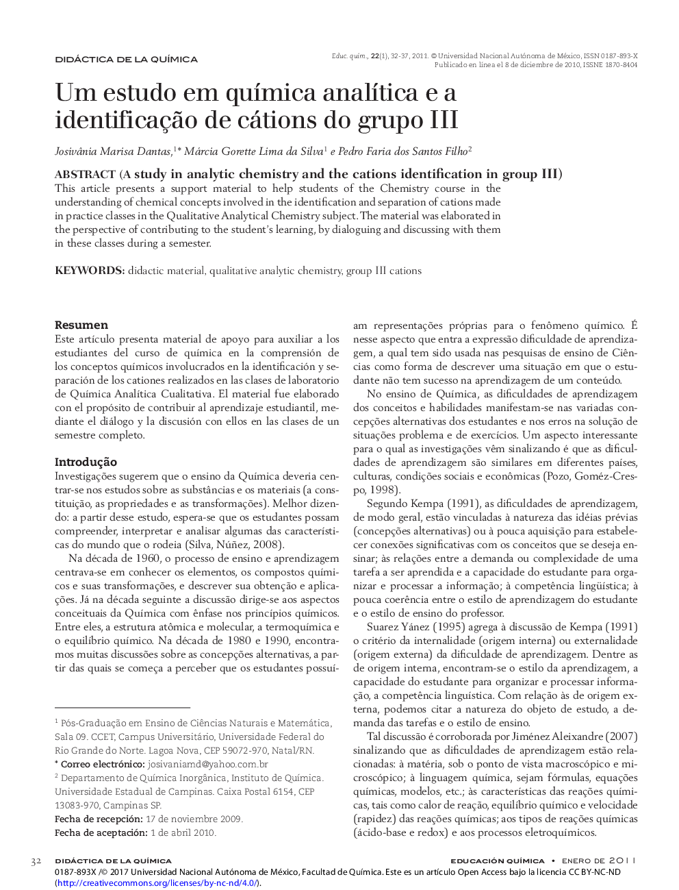 Um estudo em quÃ­mica analÃ­tica e a identificaçÃ£o de cátions do grupo III