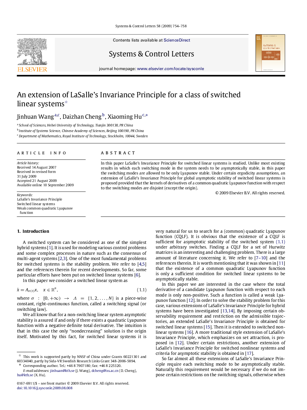 An extension of LaSalle’s Invariance Principle for a class of switched linear systems 