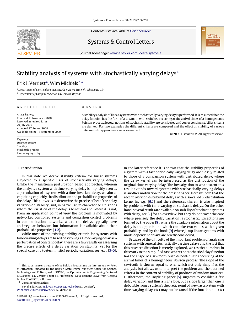 Stability analysis of systems with stochastically varying delays 