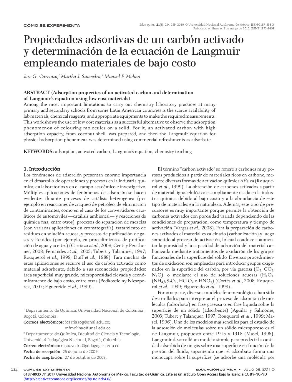 Propiedades adsortivas de un carbón activado y determinación de la ecuación de Langmuir empleando materiales de bajo costo