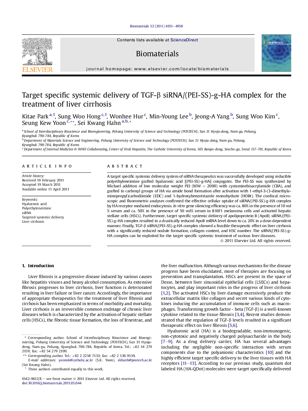 Target specific systemic delivery of TGF-β siRNA/(PEI-SS)-g-HA complex for the treatment of liver cirrhosis