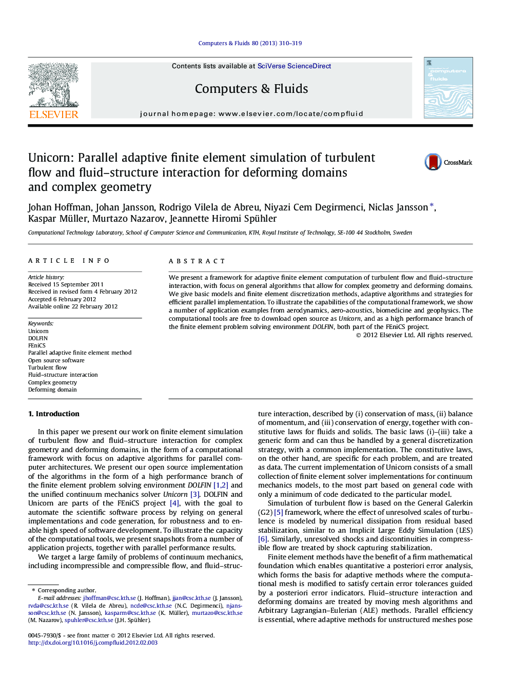 Unicorn: Parallel adaptive finite element simulation of turbulent flow and fluid–structure interaction for deforming domains and complex geometry