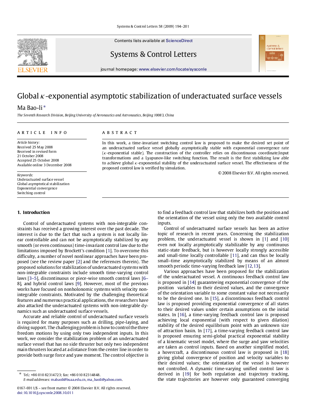 Global κκ-exponential asymptotic stabilization of underactuated surface vessels