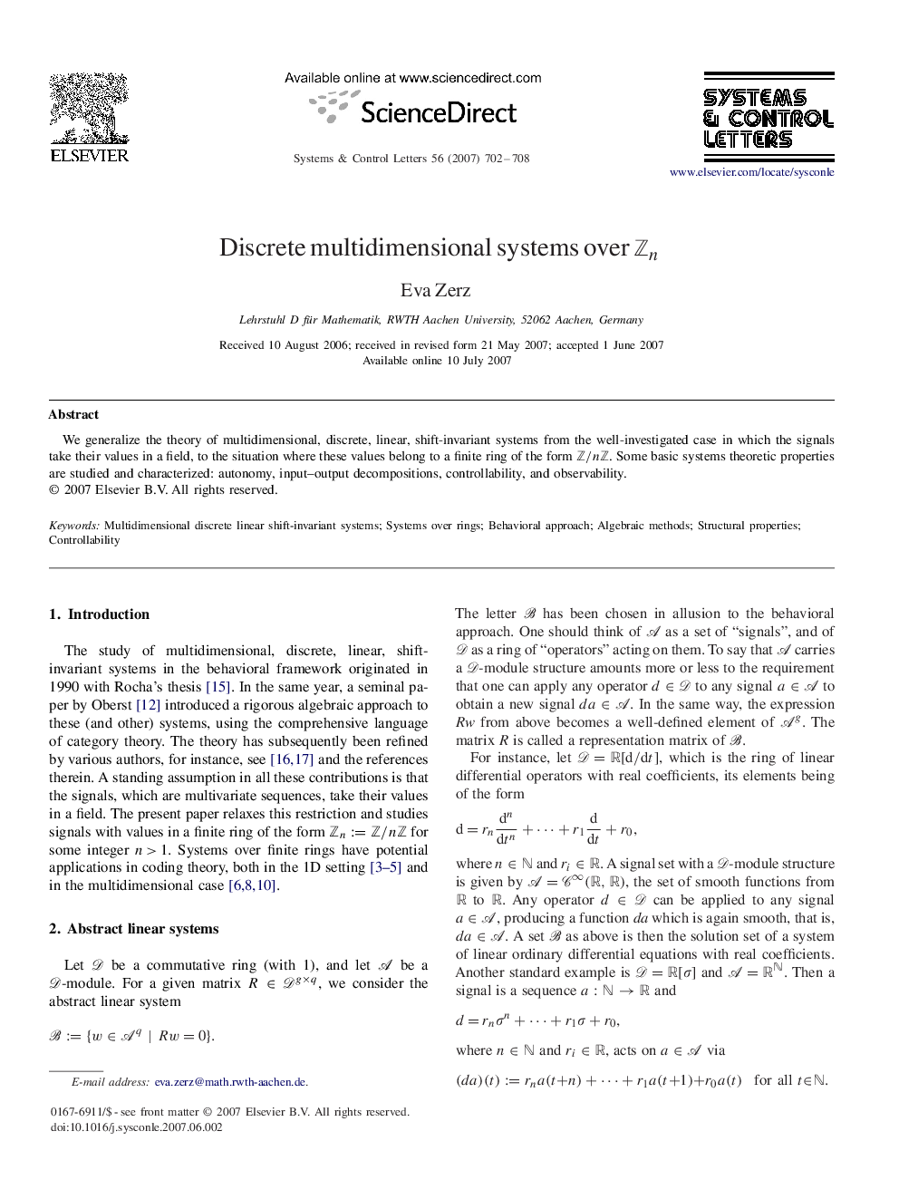 Discrete multidimensional systems over ZnZn