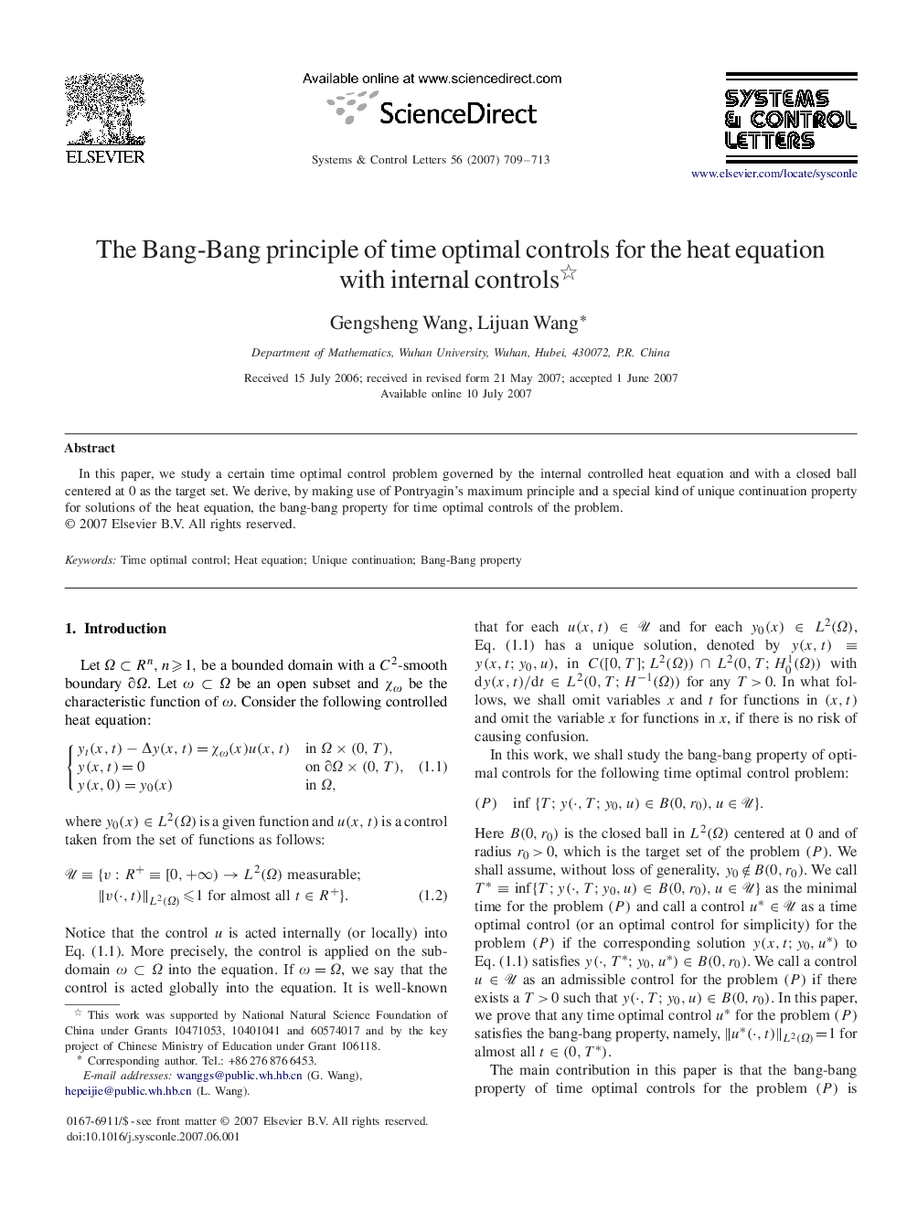 The Bang-Bang principle of time optimal controls for the heat equation with internal controls 