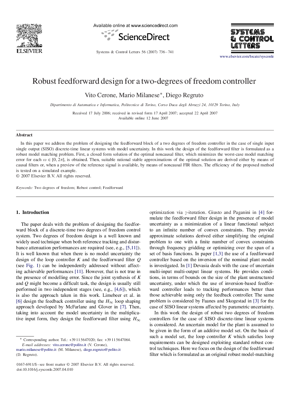 Robust feedforward design for a two-degrees of freedom controller