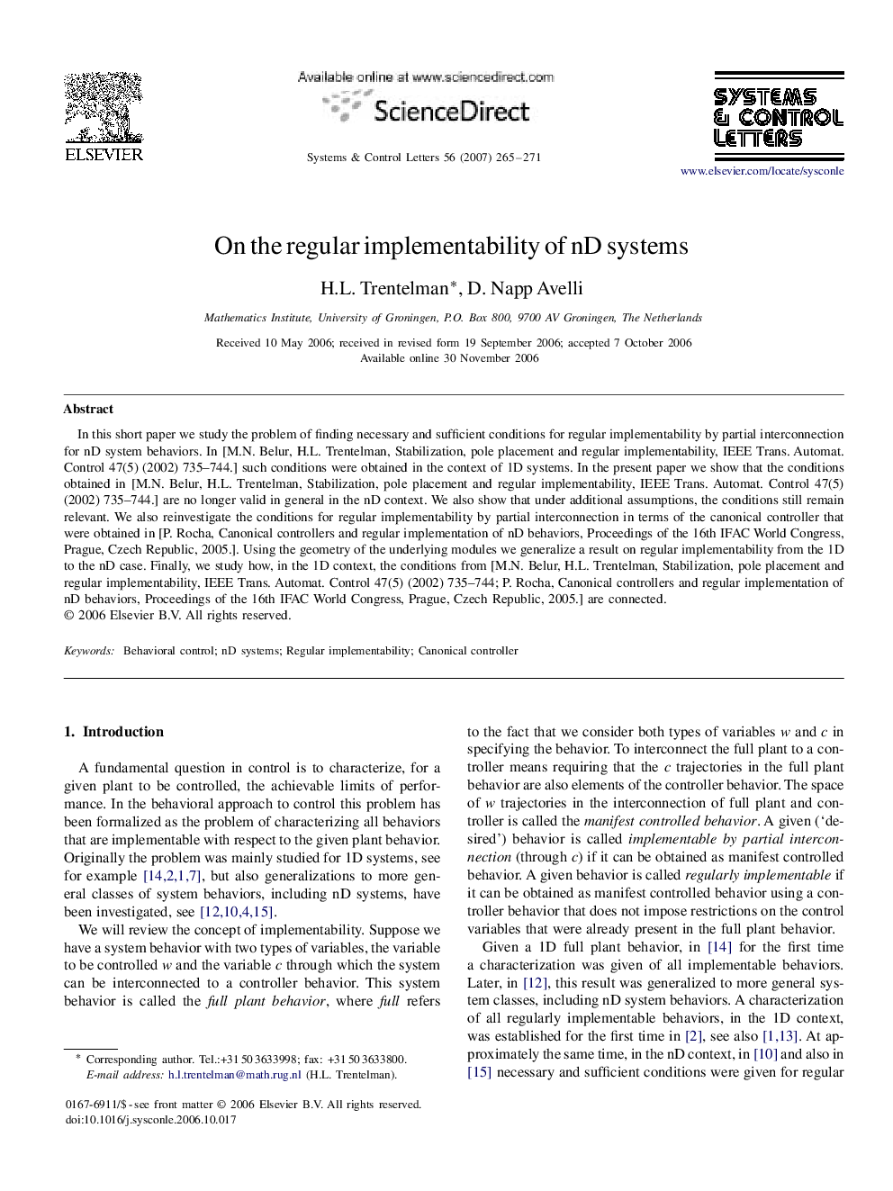 On the regular implementability of nD systems