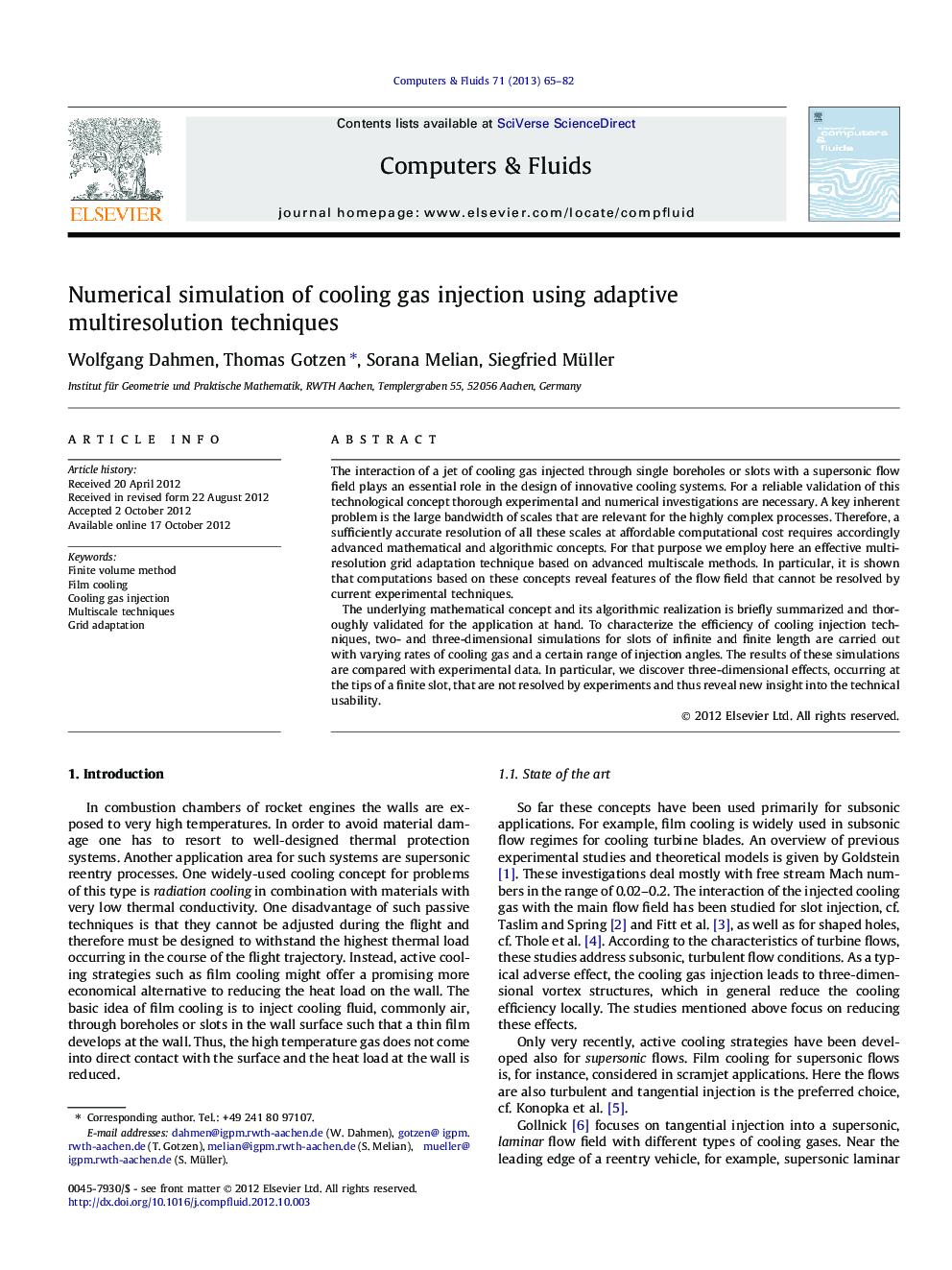 Numerical simulation of cooling gas injection using adaptive multiresolution techniques