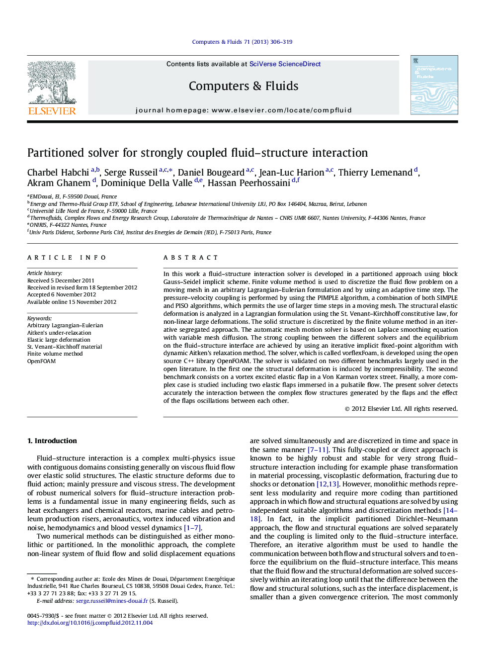 Partitioned solver for strongly coupled fluid–structure interaction