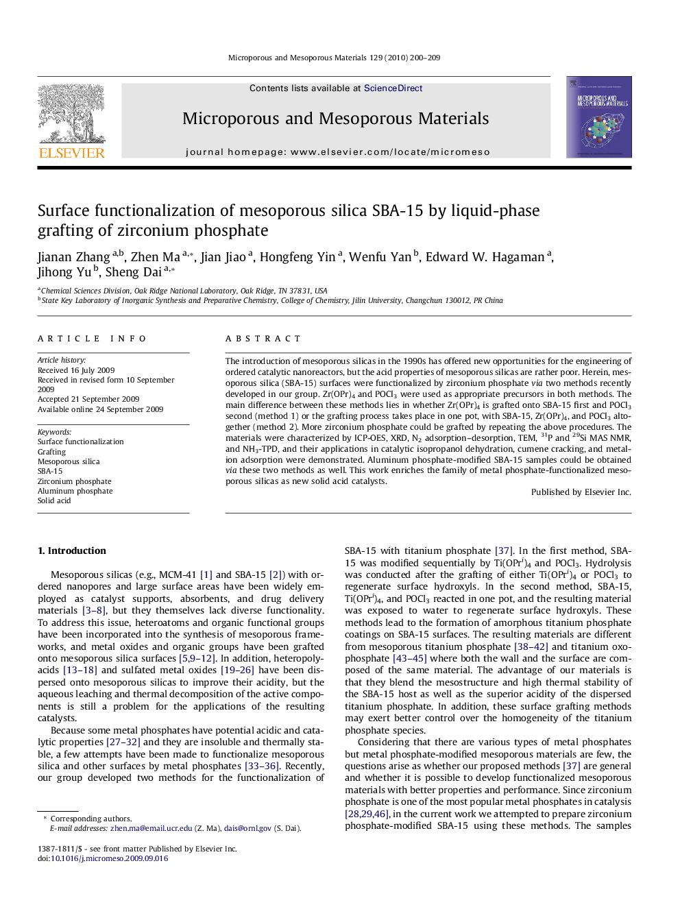 Surface functionalization of mesoporous silica SBA-15 by liquid-phase grafting of zirconium phosphate