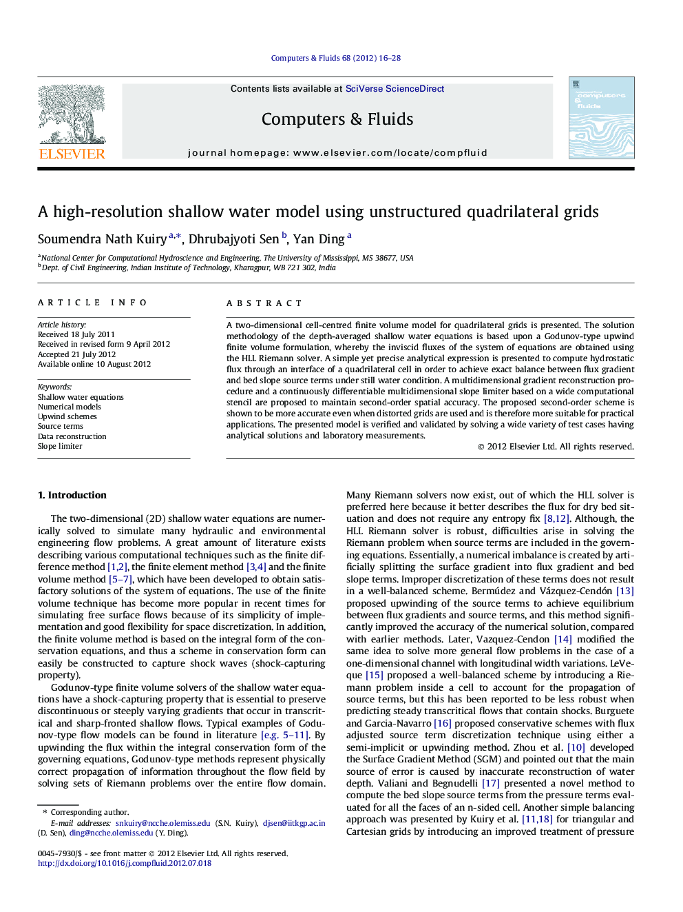 A high-resolution shallow water model using unstructured quadrilateral grids