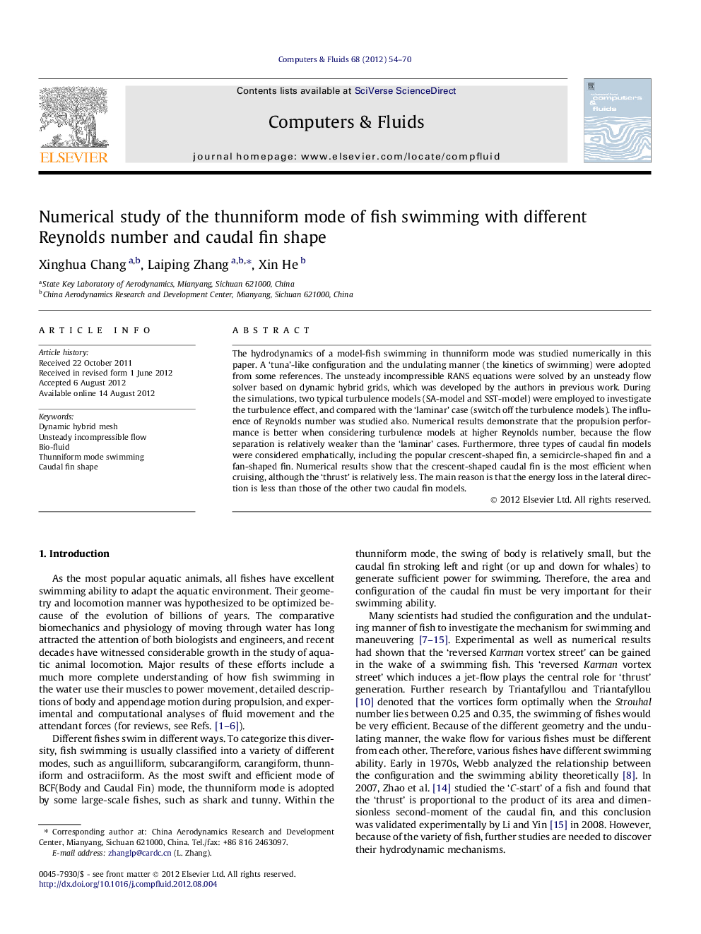 Numerical study of the thunniform mode of fish swimming with different Reynolds number and caudal fin shape