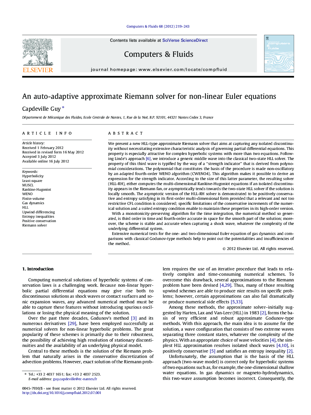 An auto-adaptive approximate Riemann solver for non-linear Euler equations