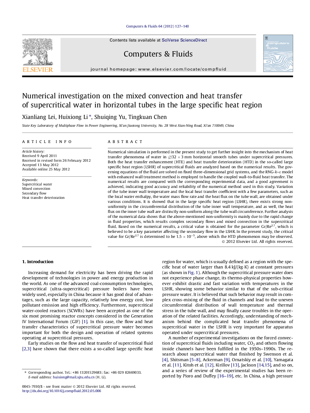 Numerical investigation on the mixed convection and heat transfer of supercritical water in horizontal tubes in the large specific heat region