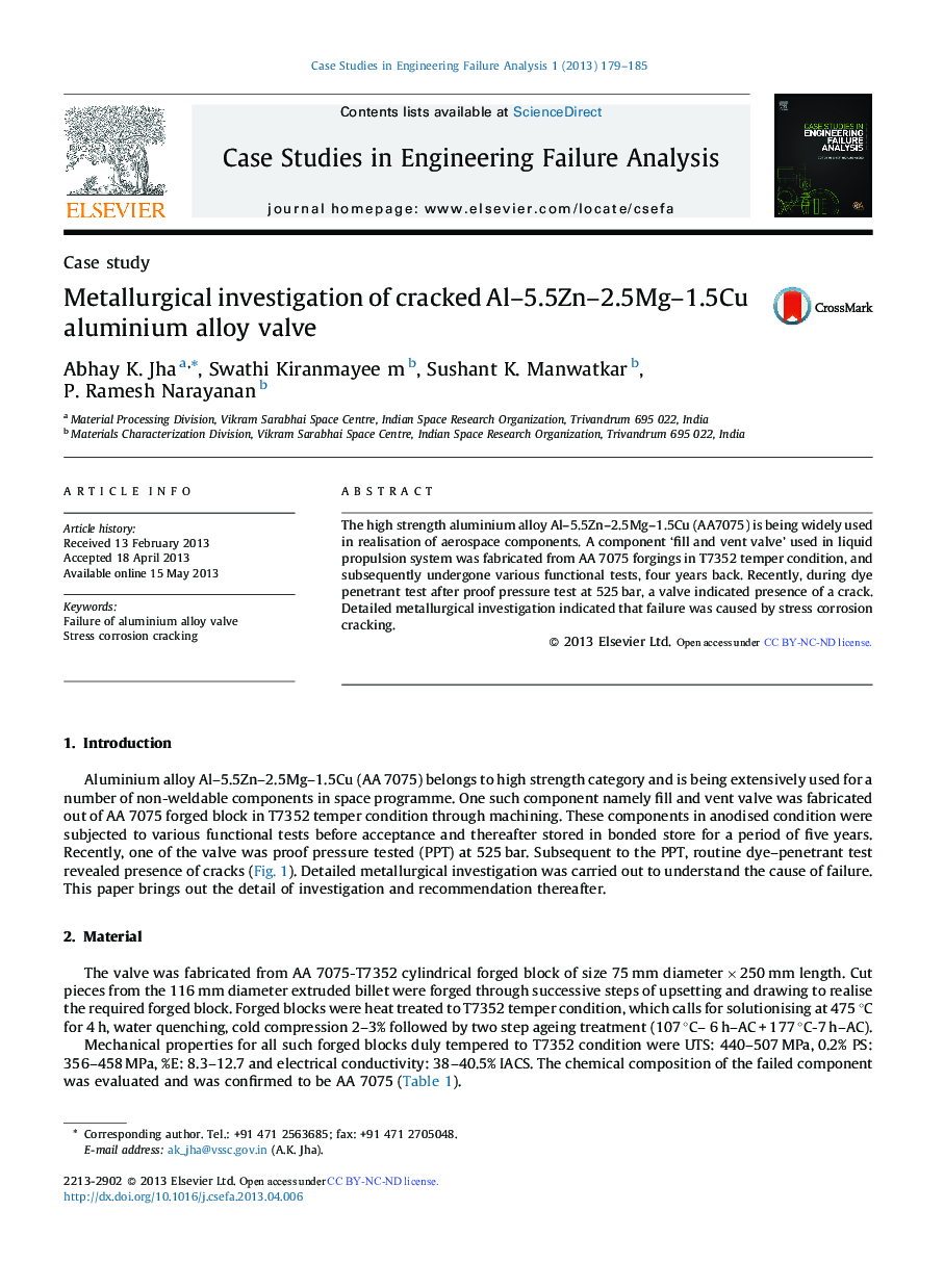 Metallurgical investigation of cracked Al–5.5Zn–2.5Mg–1.5Cu aluminium alloy valve