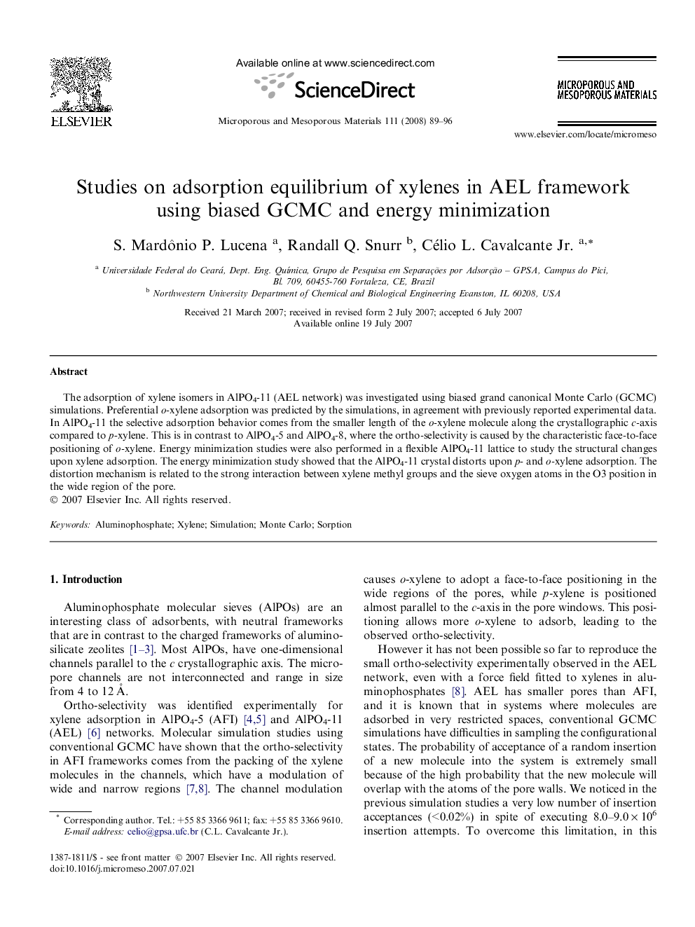 Studies on adsorption equilibrium of xylenes in AEL framework using biased GCMC and energy minimization