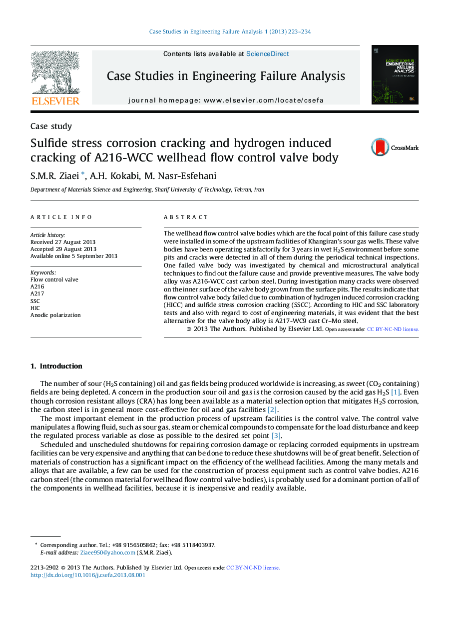 Sulfide stress corrosion cracking and hydrogen induced cracking of A216-WCC wellhead flow control valve body