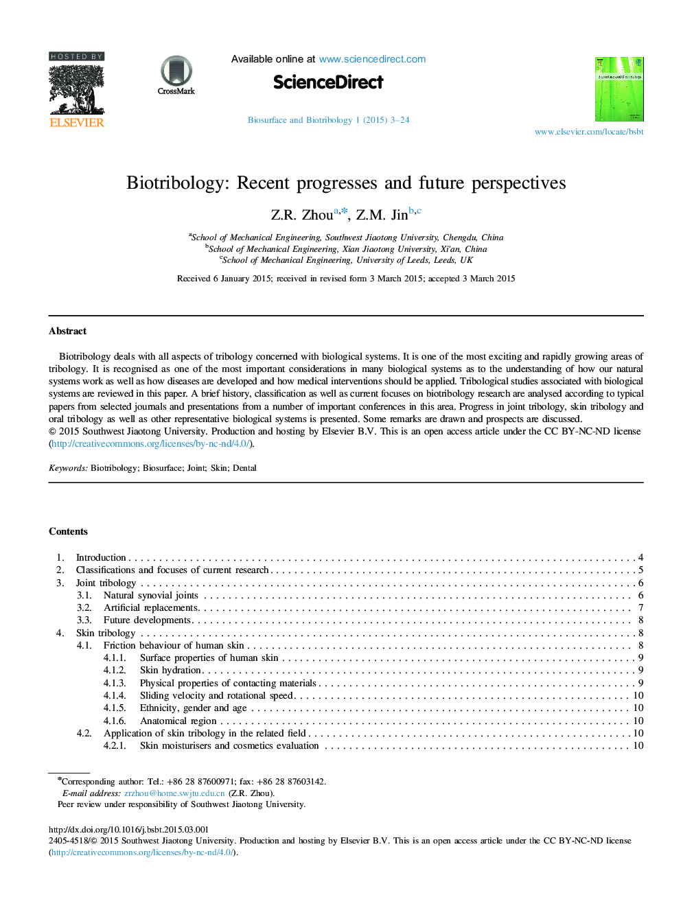 Biotribology: Recent progresses and future perspectives 